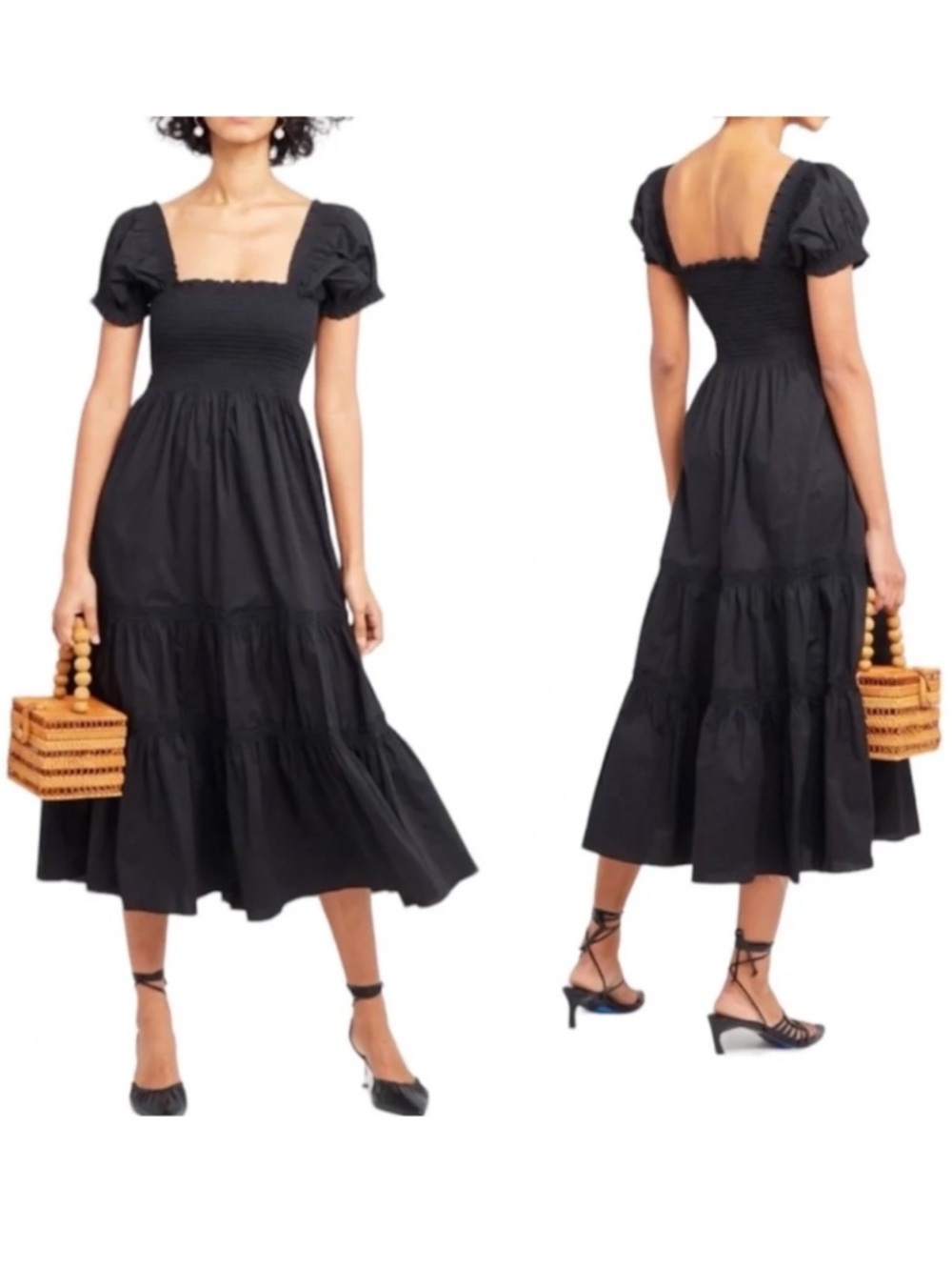 Black Smocked Puff-Sleeve Nap Dress